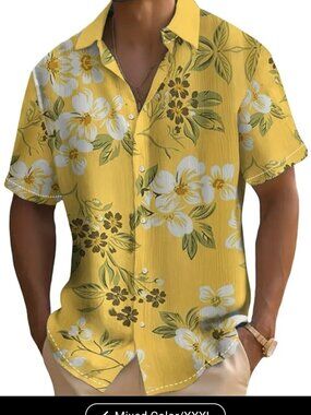 Men's Yellow Floral Button Shirt XXXL 3X